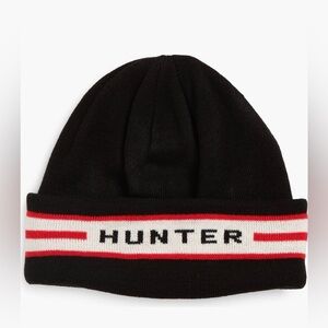 Hunter designer Nordstrom Black Fleece-Lined Beanie red stripe logo nwt
